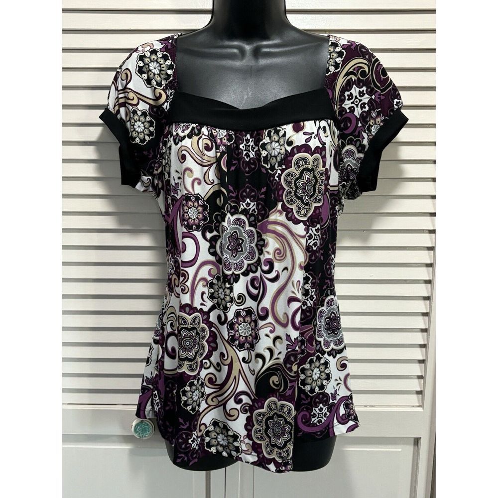Perception Concepts Black/Purple Paisley Flutter Short Sleeve Size See Measure